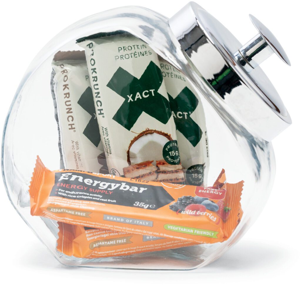 Jar with Xact protein waffers and Energybars by NamedSport